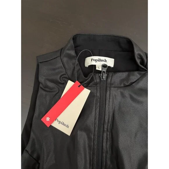 NEW Popilush Shapewear Sculpting Faux Leather Zip-Front Midi Dress Black Large - Picture 8 of 11